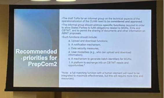 The recommended priorities for PrepCom II on CHM, slide from the side event ‘Unlocking the Clearing-House Mechanism of the BBNJ Agreement’ on 19 Aug 2025 (Photo: Wenwen Lyu)